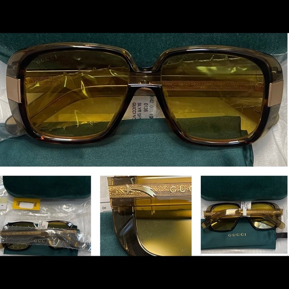 UNISEX GUCCI SQUARE HAVANA AND GOLD FALLING STAR ACCENTED FRAME SUNGLASSES - Picture 7 of 16